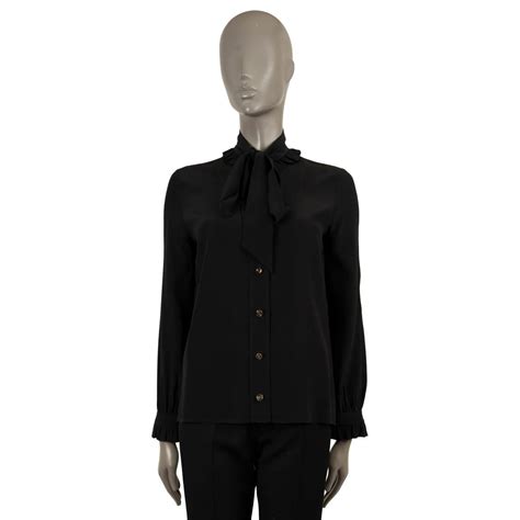 gucci ruffle pussy bow|GUCCI black silk RUFFLE TRIM PUSSY BOW Blouse Shirt 36 .